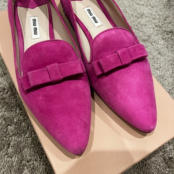 BNIB Miu Miu Fuchsia hot pink suede crystal heel bow loafers flats shoes 38 - Picture 2 of 6